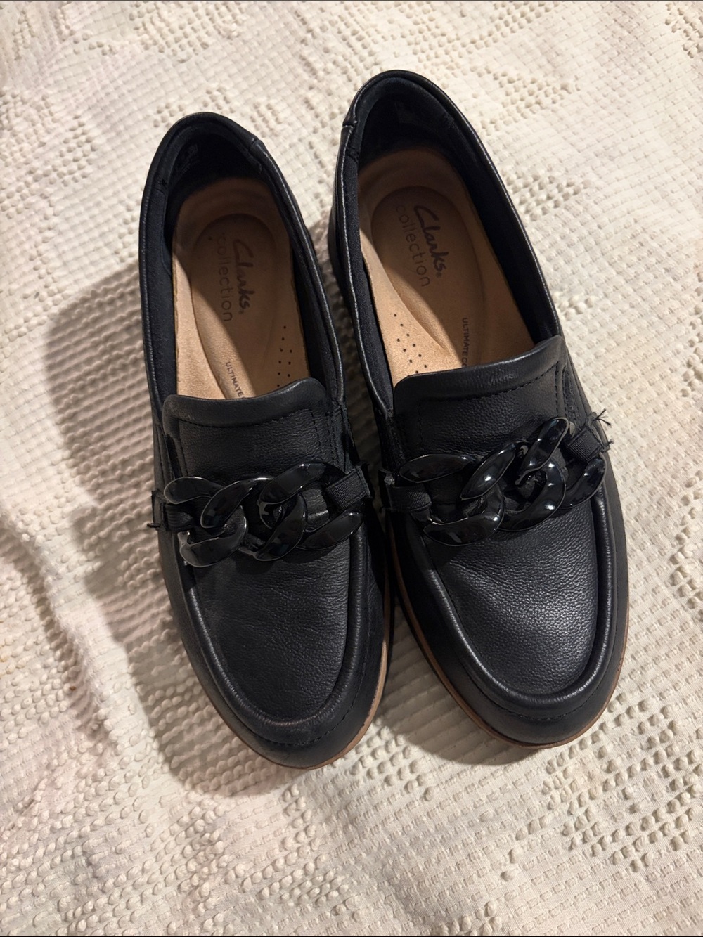 Clarks Black Leather Chain-Trim Loafers